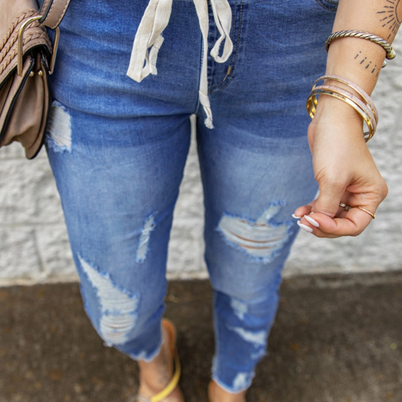 Querido amante, atacado de roupas em branco ocidental, nova calça larga rasgada azul desgastada, calças femininas com buracos rasgados, calças de brim elásticas para mulheres.