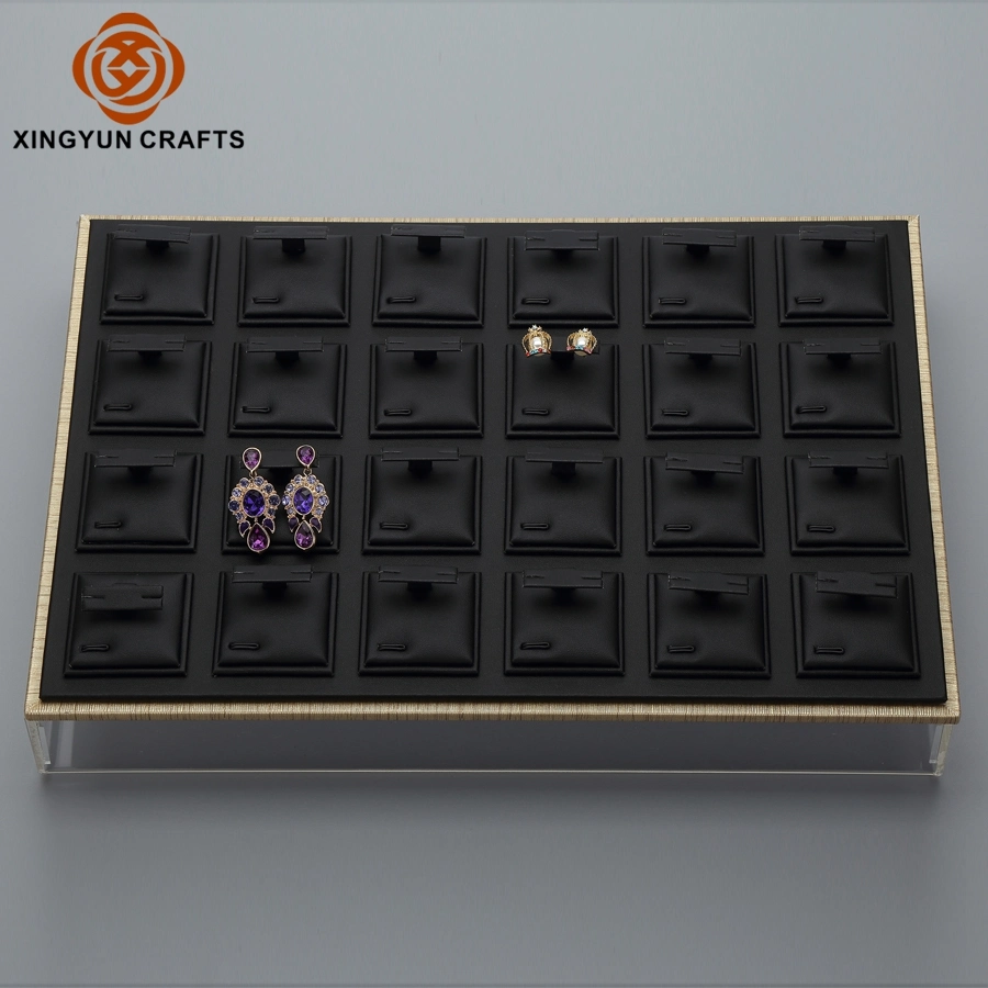 Luxury MDF Jewelry Tray Leather Jewelry Gift Display Black Leather Earring Ring Tray with Acrylic Lid