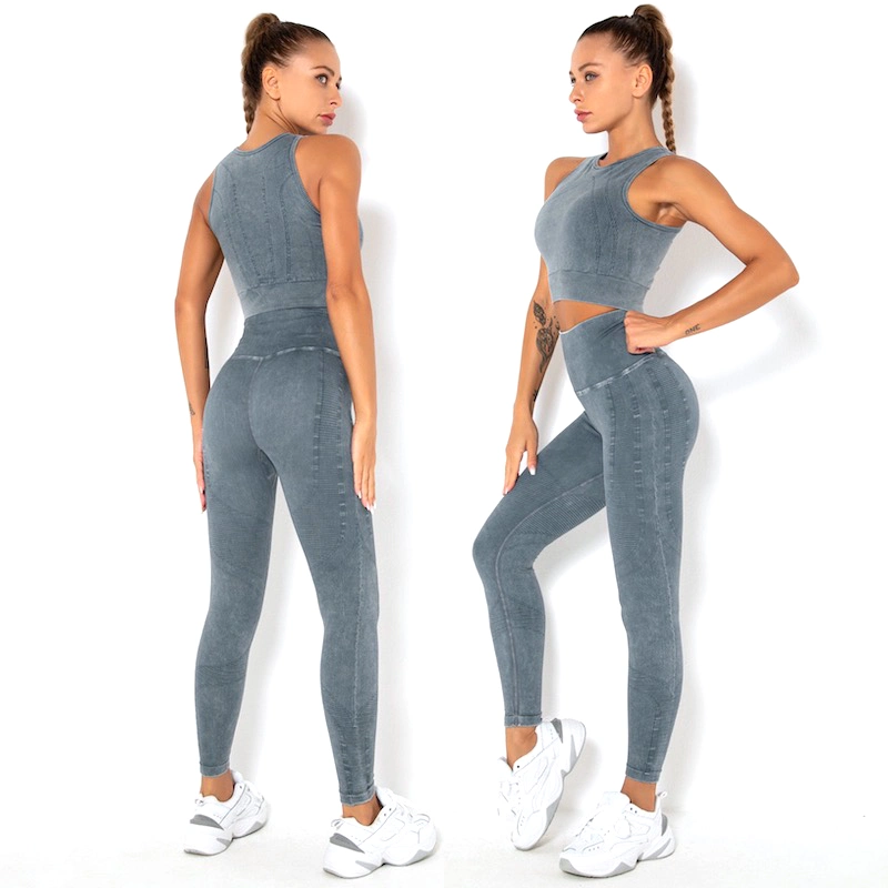 Tiktok Banheira Cinzento azulado Padrão de denim impresso roupas Fitness Sportswear para mulheres, Conservador ginásio topo e treino Perneiras Jeans-Style Matching Conjuntos de atletismo