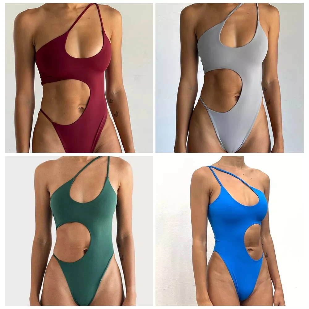 Sexy Solid Color Bikini Simple Asymmetric One Pies Women Strapping Fato de banho Swimwear Beachwear Bikini