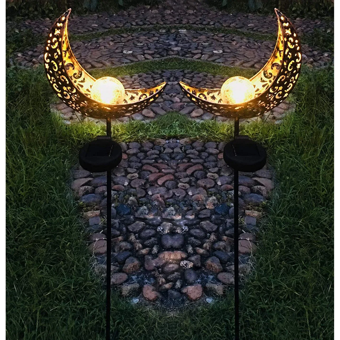 Garden Solar Light Outdoor Decorative, Moon Crackle Glass Globe Stake Metal Lights Waterproof Warm White LED for Pathway Ci24850