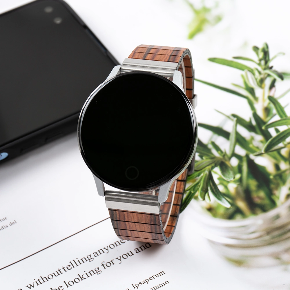 Zhongshi Nouveau Design Boîtier en Alliage Bracelet en Bois d'Olivier Smartwatch Prise en Charge Ios et Android Montres Intelligentes de Sport