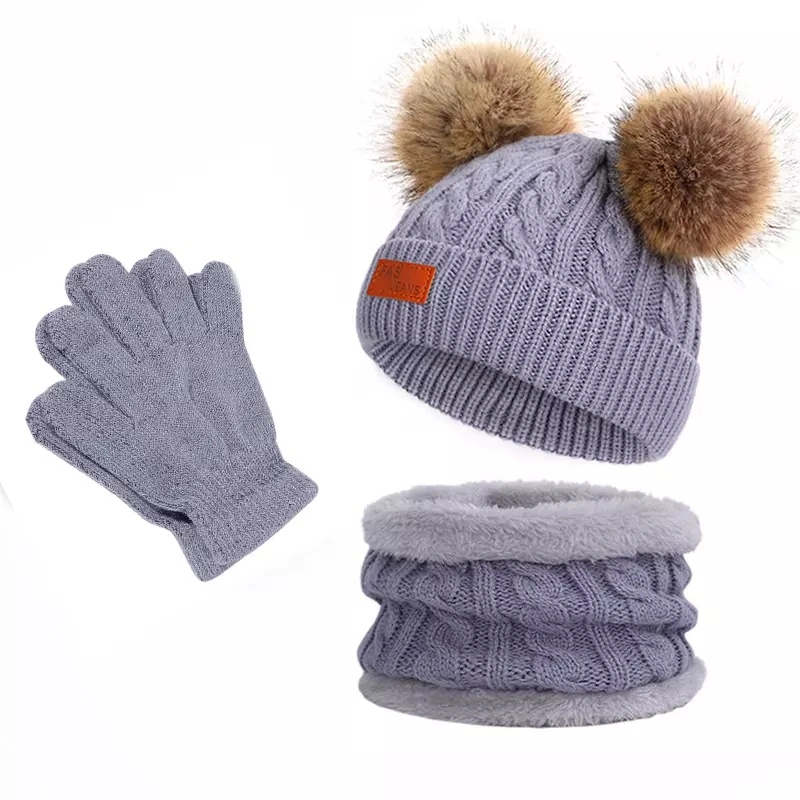 O bebé Hat define Faux Duplo macio quente de peles de Raccoon pompom party Knit Beanie Hat Toddler Kids chapéu de inverno em malha luva e Cachecol Definido