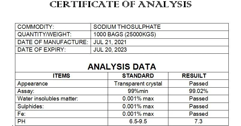 Water Treatment Additive Crystal Particle Sodium Thiosulfate