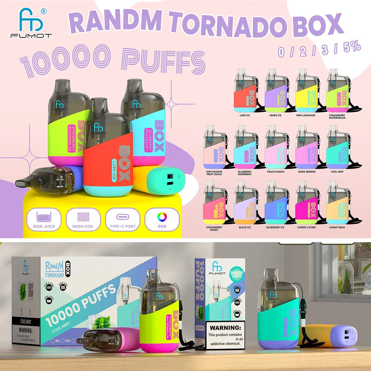 Original Randm Tornado Box 10000 Puffs Disposable E Ciagtettes Portable Vape 20ml Mesh Coil Type-C Charging Port RGB Lights 14 Flavors 0% 2% 3% 5%