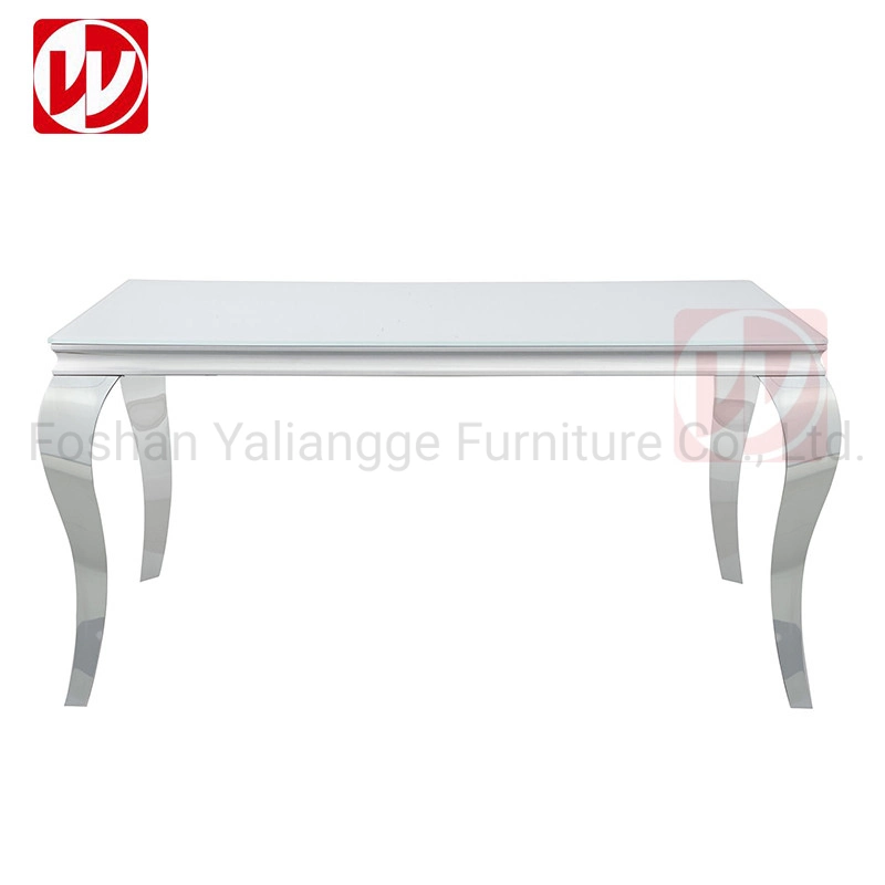 Moderno Blanco vidrio templado Metal Acero inoxidable rectangular comedor Banquete Tabla