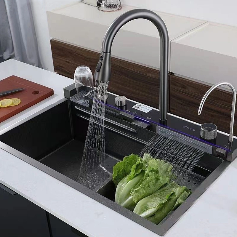 Cascada Cocina Pica Negro un tazón barra de acero inoxidable Pica Montaje bajo de la instalación de la superficie de la superficie de la capota con accesorios negros