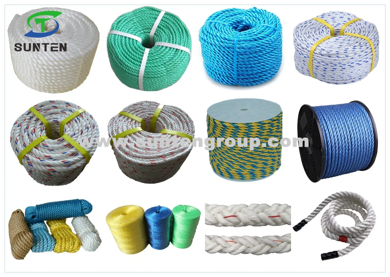 PP/PE/HDPE/Nylon/Polyethylene/Polypropylene/Polyester/Polyamide/UHMWPE/Plastic/Winch/Static/Safety/Twisted/Braided/Clothes/Fishing/Marine/Mooring/Packing Rope