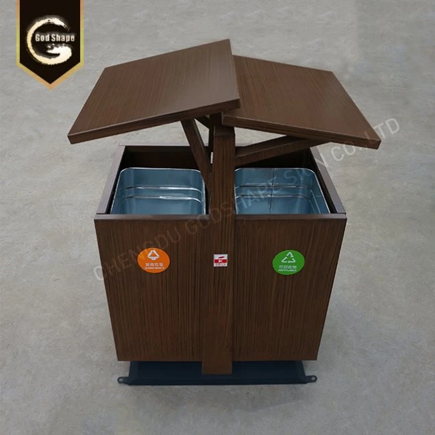 Custom Large Capacity Modern Wood Finish Steel Trash Can for Scenic Area