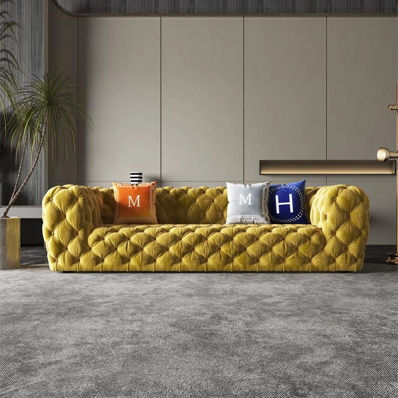 Salón sofás tapizados Chesterfield sofás de terciopelo tejido Tufted Botón Sofá establece