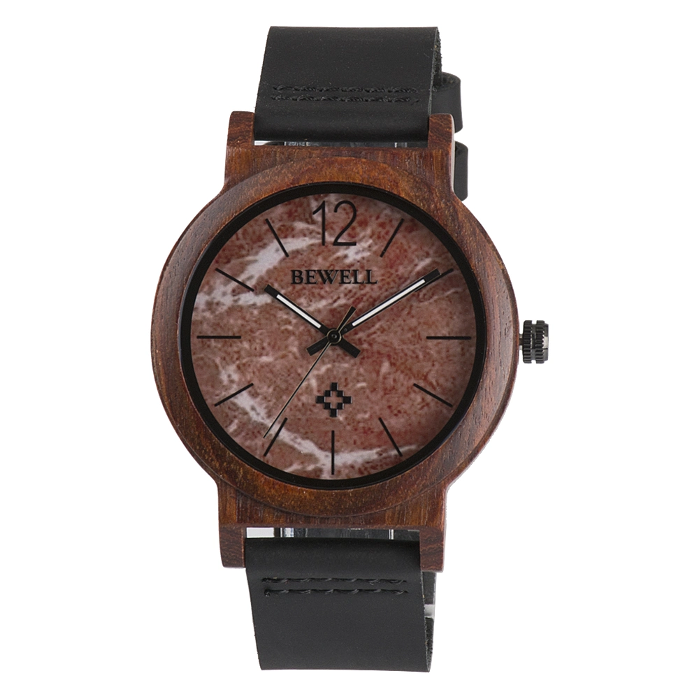 Cadran en marbre, bracelet en cuir, boîtier en bois, montre Bewell.