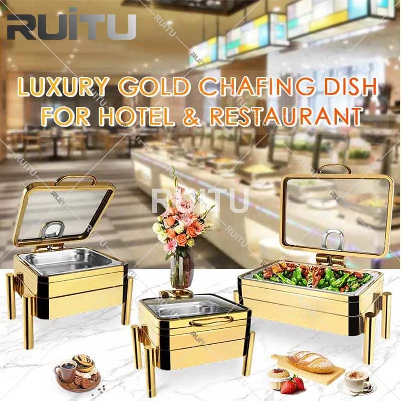 Kitchenware Dining Utensils Rectangle 1/2/3 Insert Pan Big Gold Latest Hotsale Chaffing Dish Pot with Glass Top Buffet Catering Server Chafing Dish