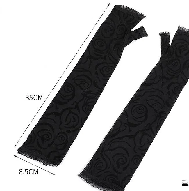 Hueco de la moda femenina de encaje negro de encaje Sexy larga y delgada de malla de protección solar Guantes Fingerless