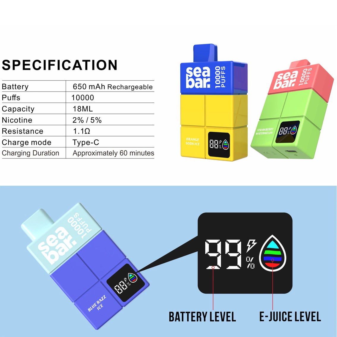 Wholesale/Supplier Price Seabar 10000 Puffs Disposable/Chargeable Vape Pen with Oeld Status Display