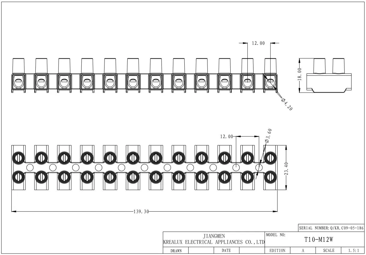 Beleks/Krealux T10-M12W (A) CE 12 Ports/Poles/Ways Screw-Fixed Terminal Block/Strip/Barrier