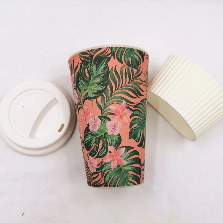 Customerised Colored Printing Natural Bamboo Fiber Coffee Cup with Silicone Lid and Sleeve