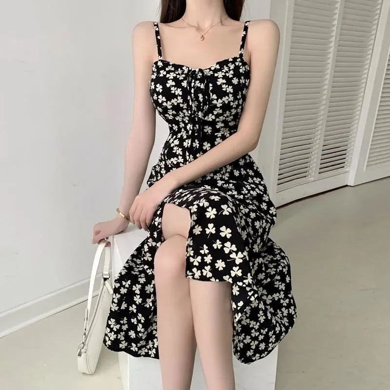 Sling Dress Female Summer Gentle Wind Waist Split Long Skirt French Chiffon Floral Skirt