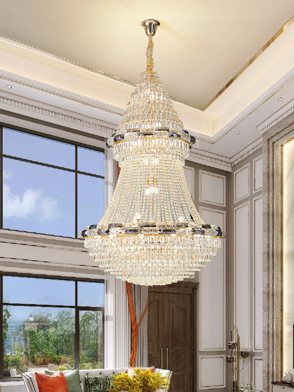 Novo Decorativo Interior Design Gold Metal Loft Villa lustre Big Candeeiro de pé alto LED grande e luxuoso Crystal para tecto alto