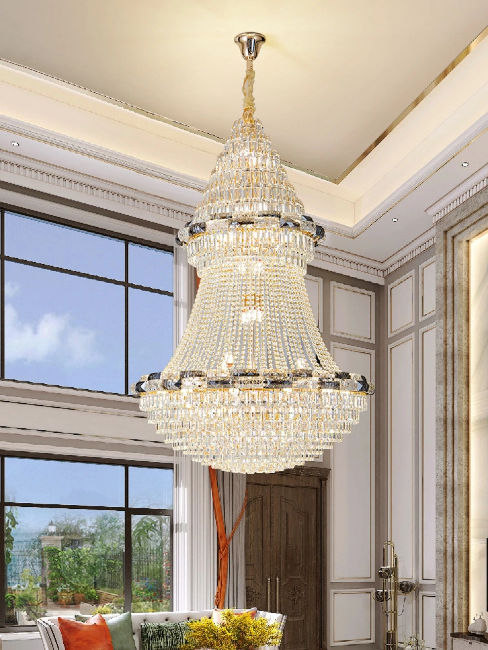 Nuevo diseño de interiores decorativos de metal dorado Candelabro Villa Loft de lujo gran vestíbulo grande LED lámpara de araña de cristal techo alto