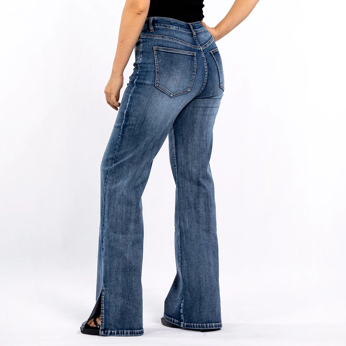 Custom Women Blue Wash Slit - Jeans denim elásticos de pata ancha