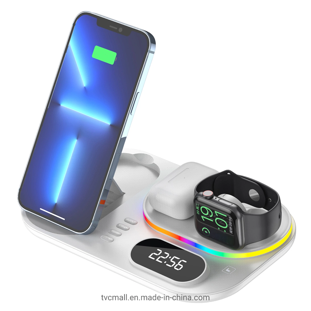 A06 4 in 1 Multi-Functional Charging Dock Mobile Phone Fast Wireless Charger with Clock Display/RGB Light - White