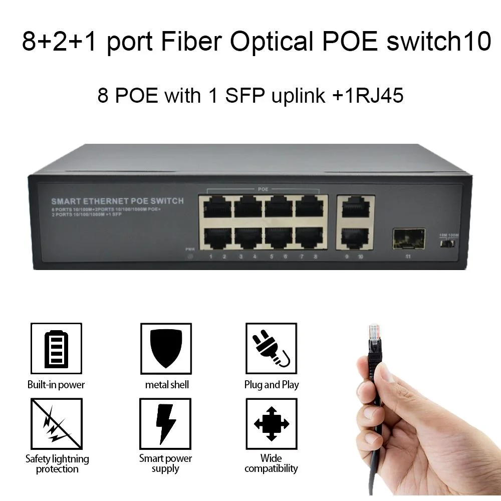 Ofrece 8 puertos 10/100Mbps 802.3at/802.3af Power over Ethernet 10/100/1000Mbps+2+1SFP puerto de enlace ascendente, con un total de vatios 96/120 de 8 canales Poe Poe