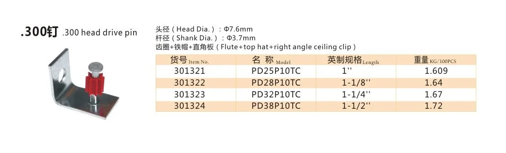 Nail Fastening Drive Pin for Powder Actuated Tools. 300head Drive Pin Flute+Right Angle Ceiling Clip Pd32p10c