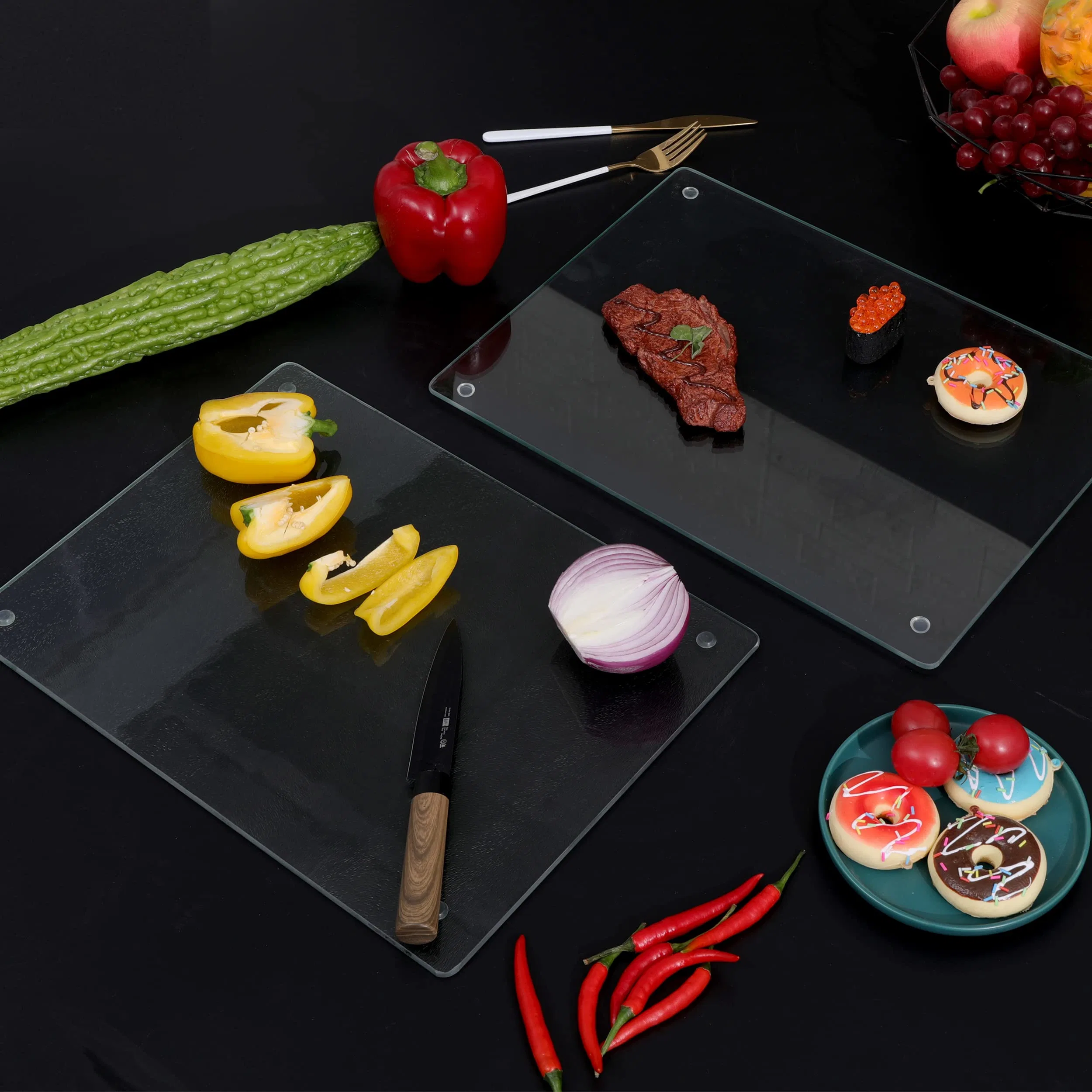 Tempered Glass Cutting-Boards for Kitchen Dishwasher Safe Rectangle-Chopping-Board with Rubber-Feet Counter-Top-Tray Scratch-Heat-Resistant