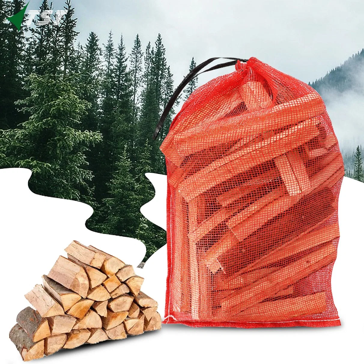 Firewood Mesh Bag PP with Custom Colored Drawstring Red Mesh Bag for Firewood