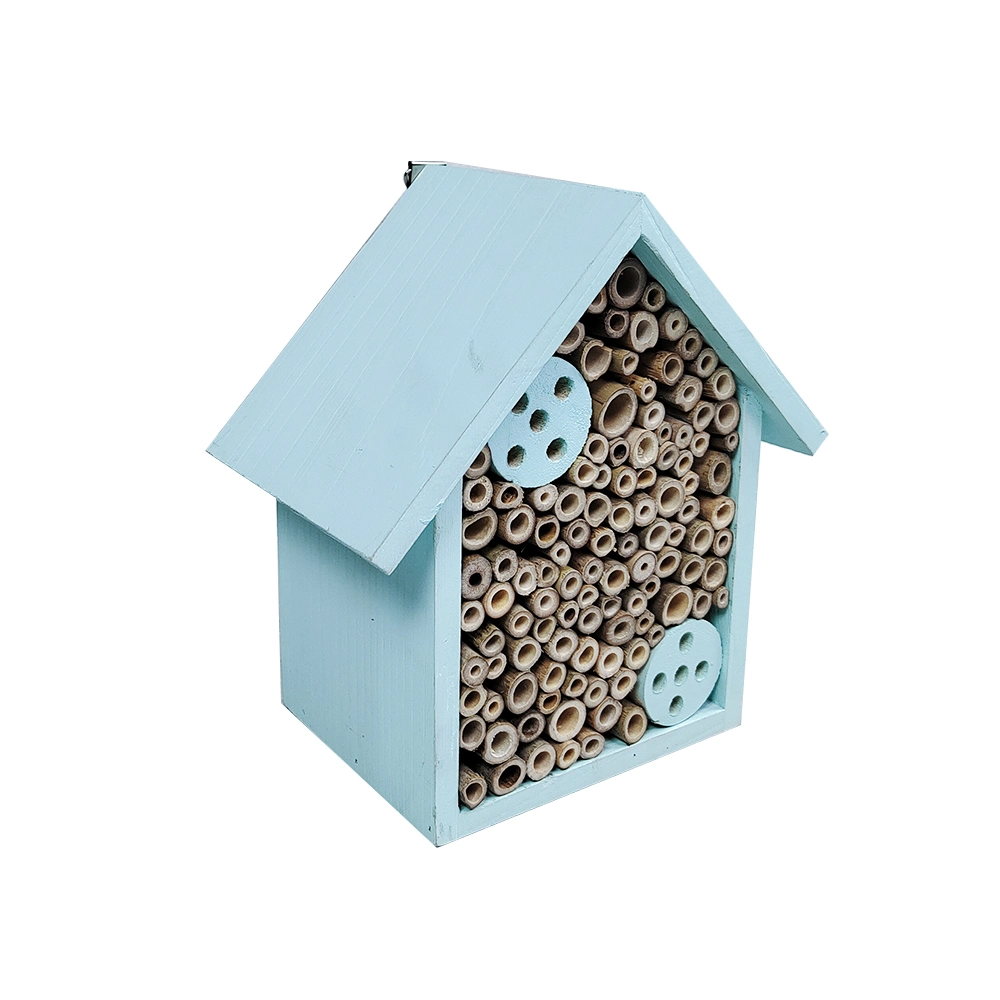 Custom Color Soild Wood House Shape Blue Wooden Insect Hotel with Bamboo Tubes