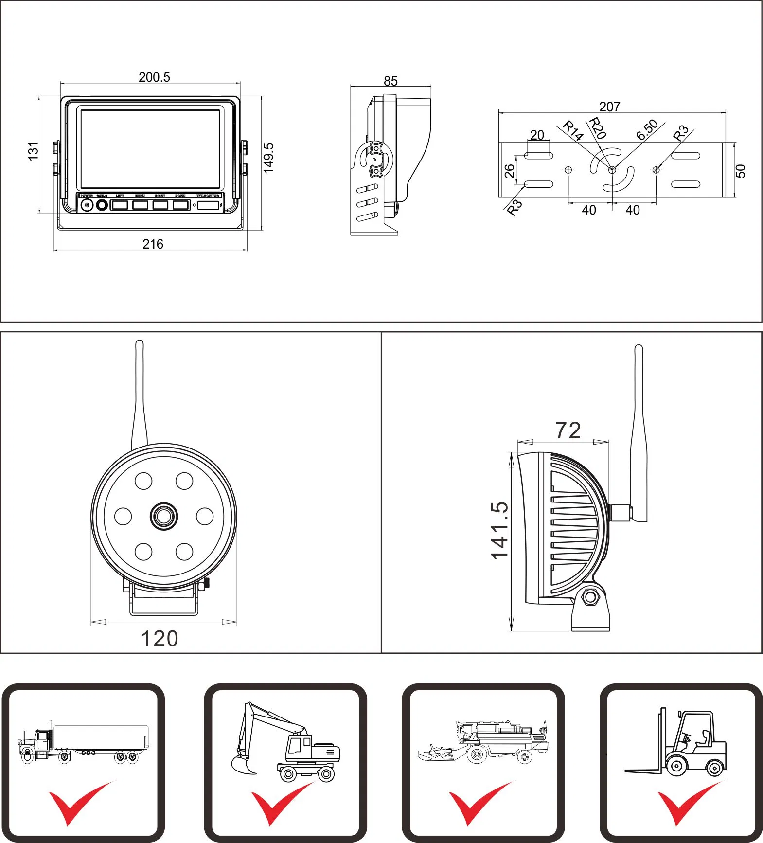 Backup Camera IP69K Anti-Fog 720p Wireless Work Lamp Camera Monitor System Forklift