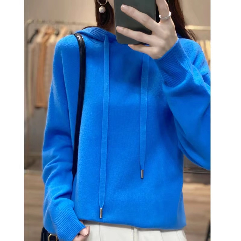 Pure Wool Plain Ladies Cashmere Hoodie Soft Women Sweater