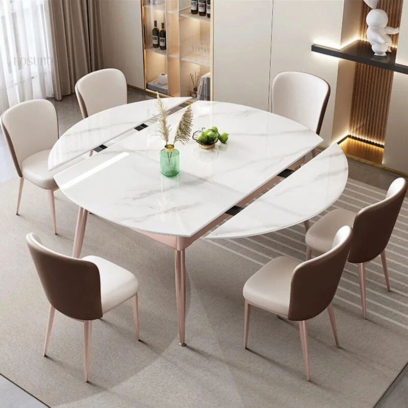 Design do fabricante pedra sinterizada de alta qualidade Branco Mármore Extendable Round Mesas de jantar com 6 cadeiras