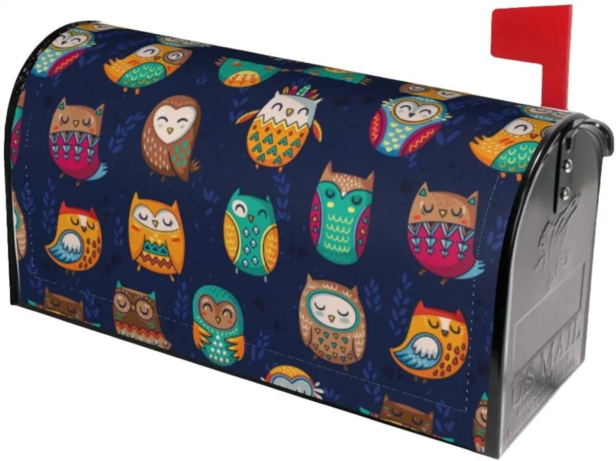 Magnetic Mailbox Cover Cute Funny Owls Post Box Cover Wrap Animal Birds Retro Ethnic Style Watercolor Painting Decoration Garden Outdoor