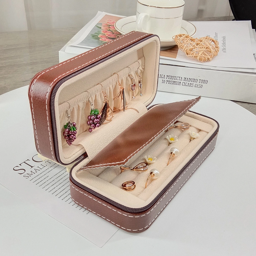 Simple Fashion Coffee Color Jewelry Zipper Bag Creative PU Leather High-End Gift Display Storage Box Two Colors Optional