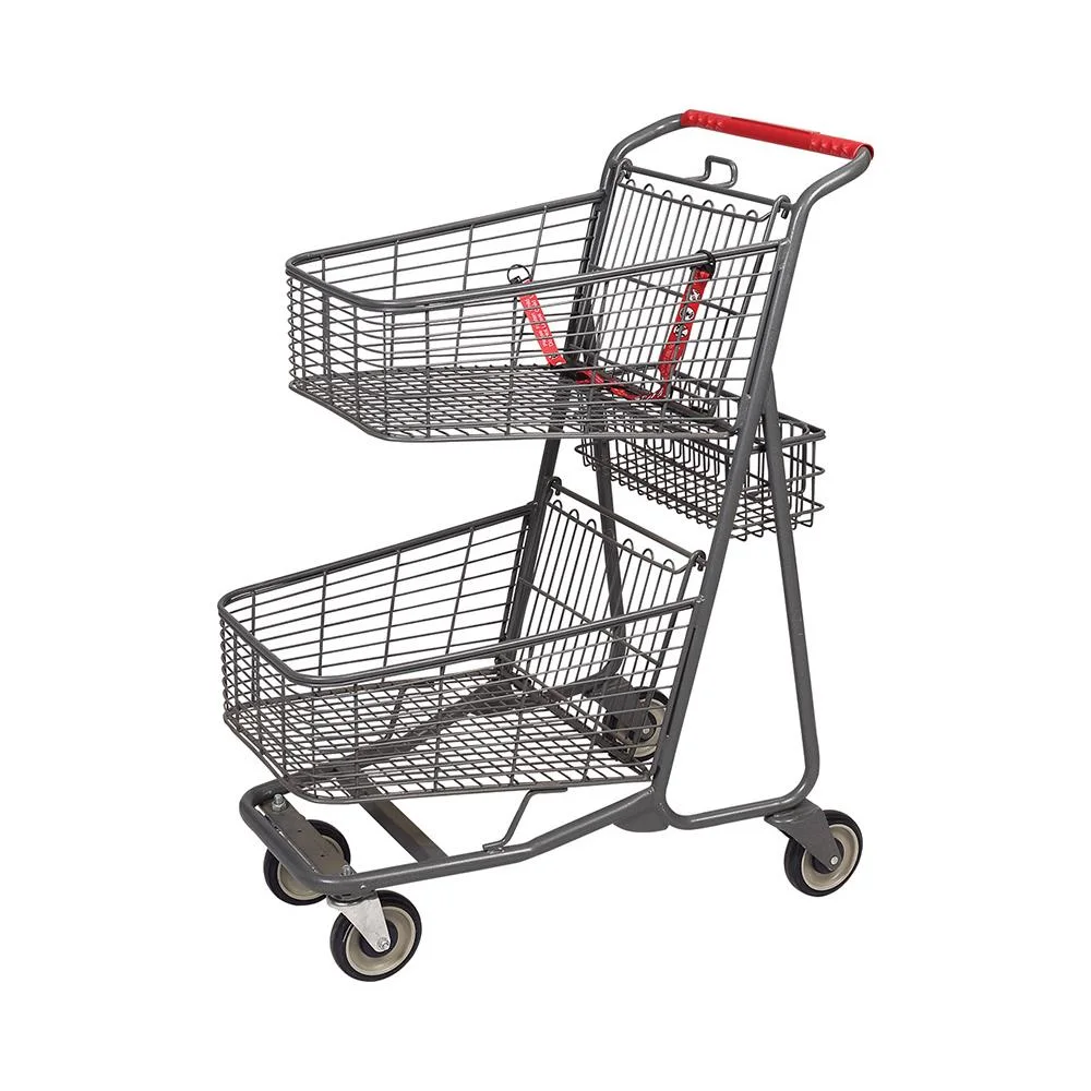 Double Baskets 2-Tier Supermarket Metal Shopping Trolly Cart