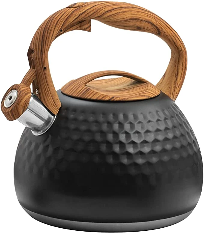 Tea Kettle, Stovetop Teapot with Loud Whistle, Food Grade Stainless Steel and Smooth Wood Pattern Handle for Hiking, Picnic, for Tea, Coffee and Milk