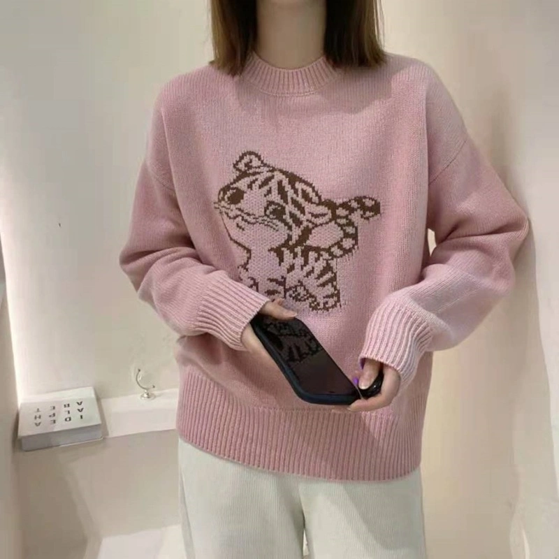 Women Animal Pattern Long Sleeve Loose Knit Pullover Sweater