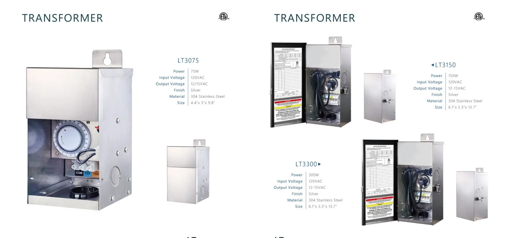 Certificação ETL 75W de aço inoxidável 12/13/14/15V Multi-Tap AC alimentação de baixa tensão do transformador de alimentação da caixa de junção para jardim exterior Iluminação Paisagística