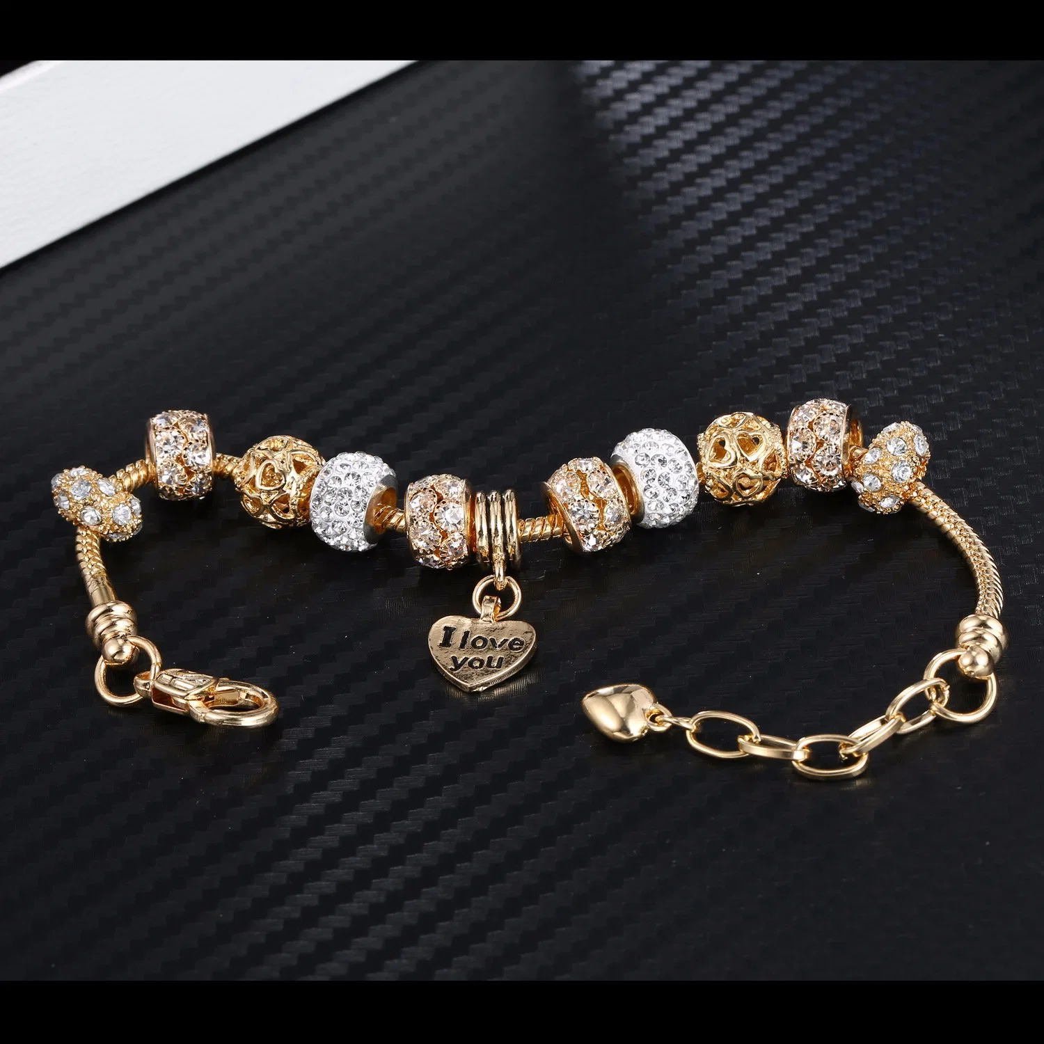Bracelets Gold Plated Snake Chain Bracelets CZ Crystal Beads Charms Bracelets Heart Charm Bracelet with Extender Esg13591