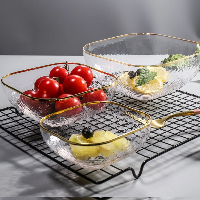 300ml 580ml 1000ml Wholesale/Supplier Cheap Square Glass Food Bowl Clear Glass Salad Bowl with Gold Rim for Ice Cream Fruit Sala Kitchen Supplies