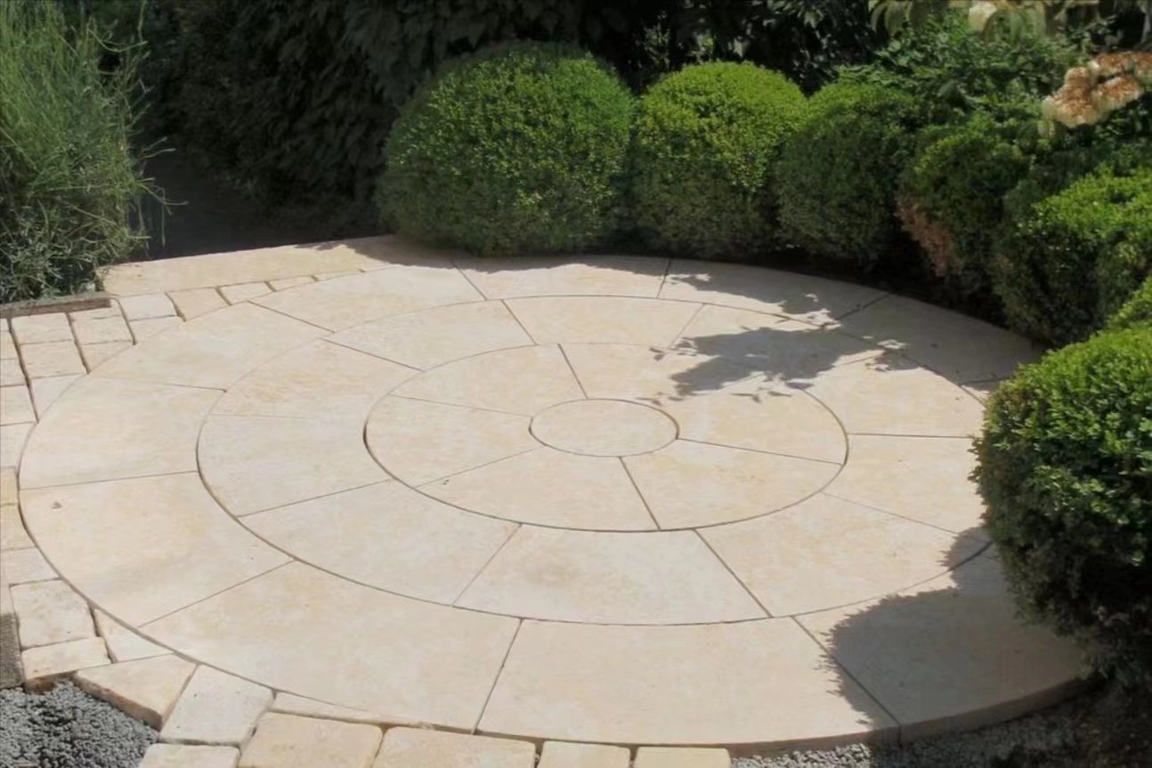 Travertine Paver Beige Round Circular Patio Tile on Pavement