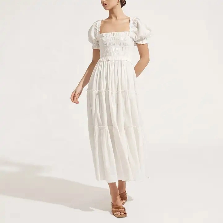 Mangas puff 100% algodão, vendidas a quente, Baroque Waist Shirred Bust Clássico Branco Maxi comprimento casual linho vestido