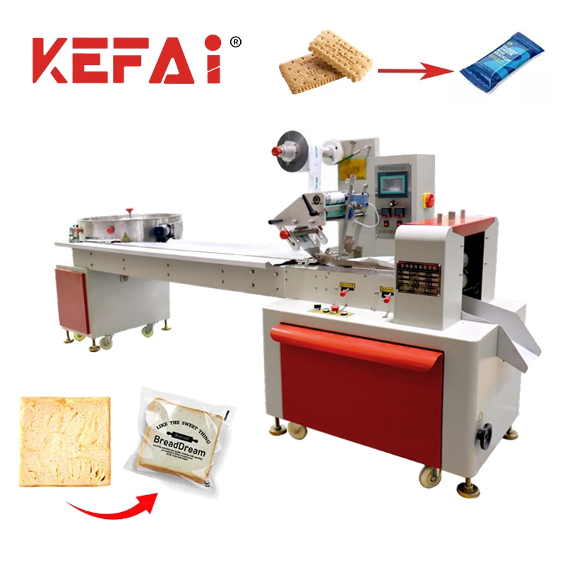 Kefai Automatic Horizontal Tray Bread Cake Cookies Biscuits Candy Pillow Bag Fresh Vegetables Fruits Packaging Flow Pack Wrapping Packing Machine Price