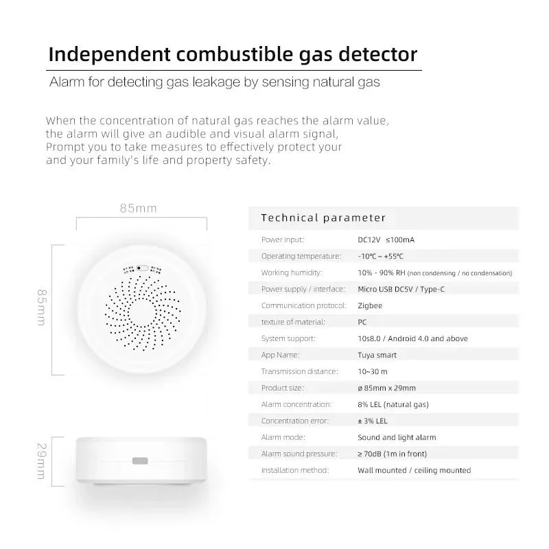 Tuya Zigbee Wireless Home Alarm Combustible Gas Leak Detector Alarm