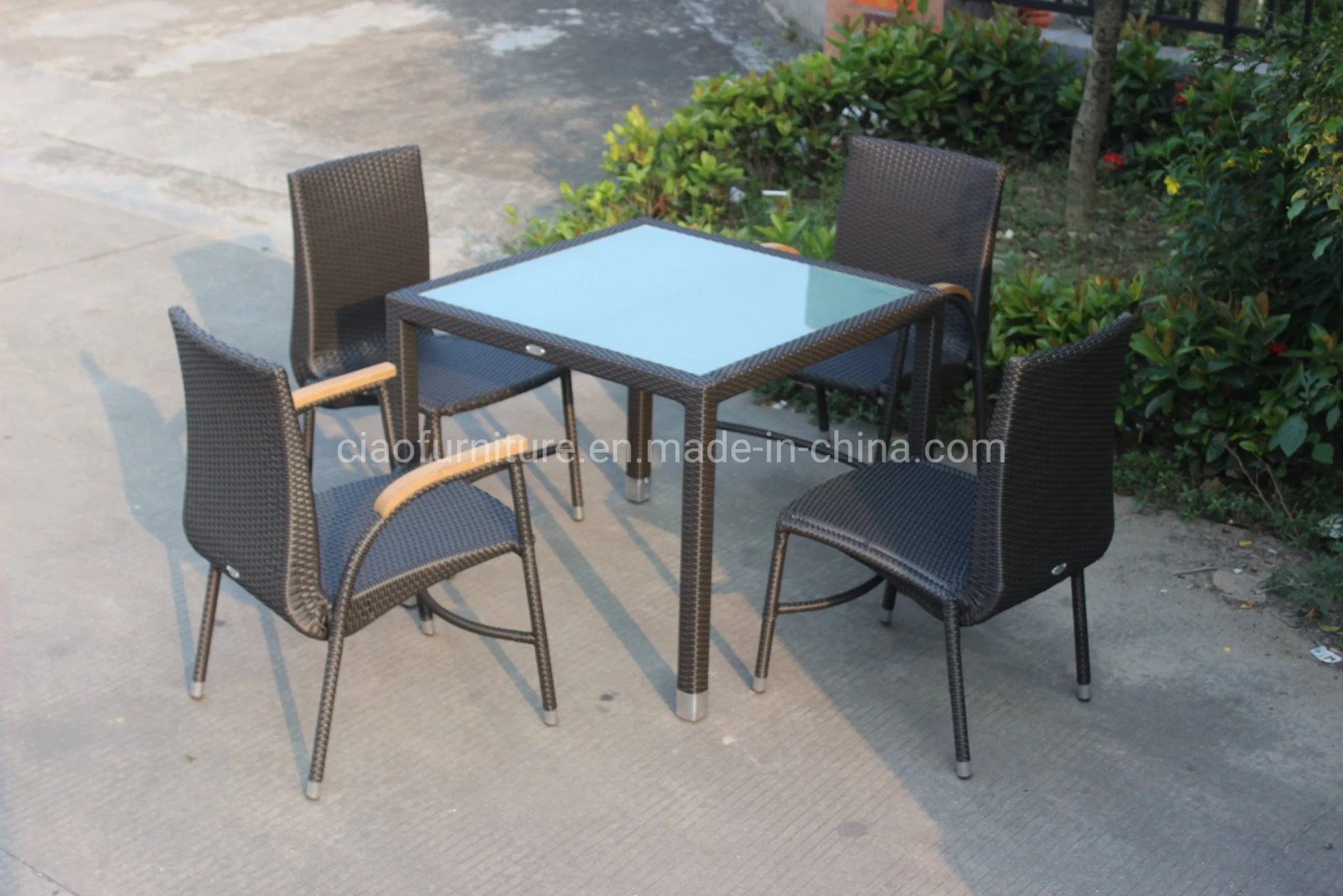 5PCS Garden Rattan Dining Set Outdoor Furniture with Teakwood Arm