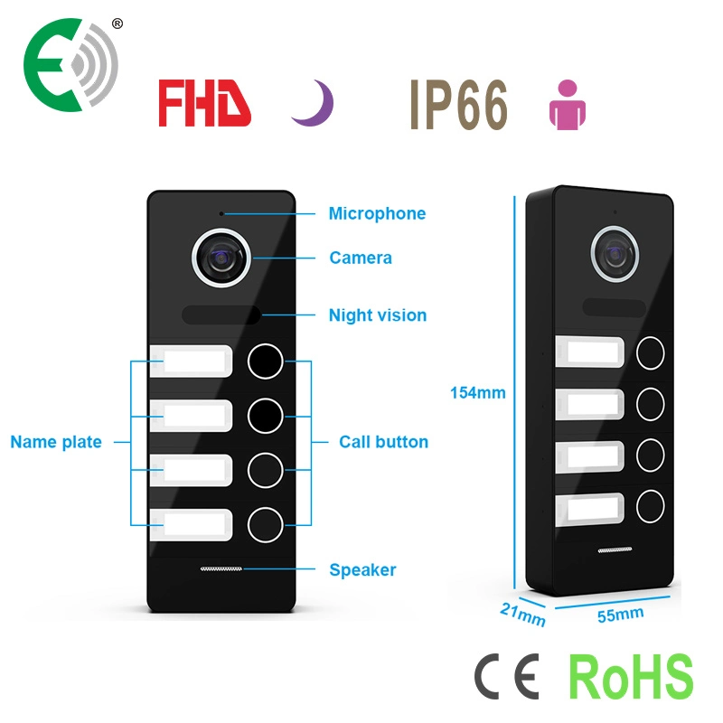 4-Wire 10.1"1080P Touch Buttons Apartment Security Video Doorphone Intercom System for 4 Family