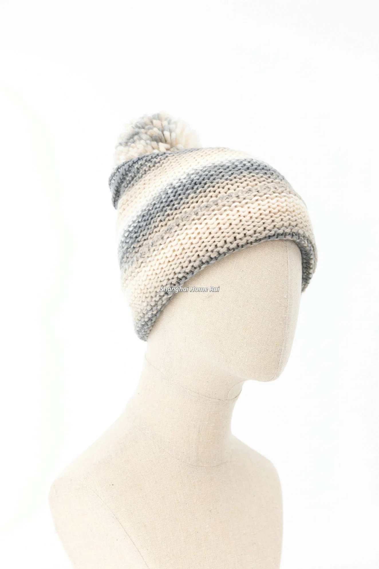 Mulher, suave e aconchegante, com acabamento em acrílico, bege, cinzento, branco Gorro casual com riscas mistas PomPom Blended