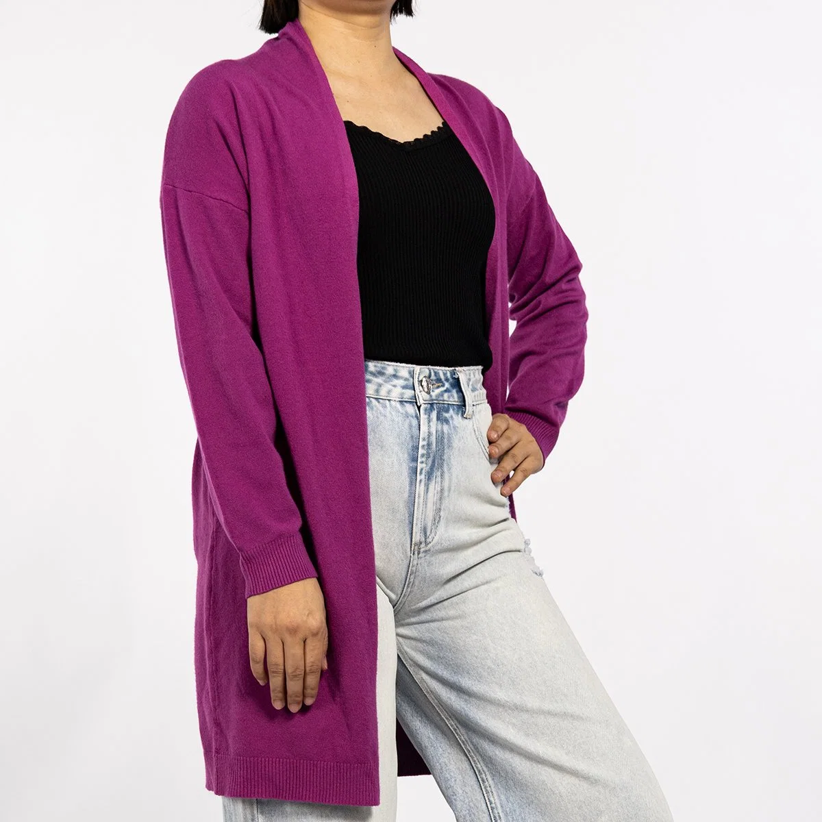 Roxo desde meados de Manga Longa Suéter Casual Cardigan leves para as mulheres