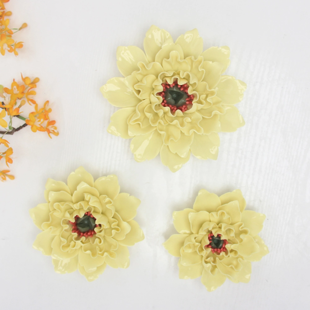 F002Y Ceramic Peony Flower Handicraft Wall Decoration Other Home Decor Porcelain Yellow Wall Flower